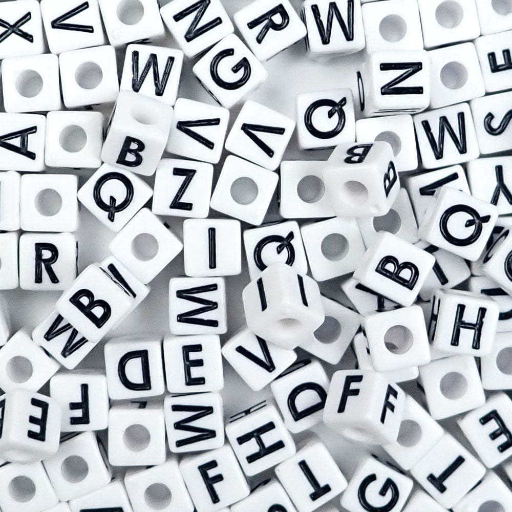 Plastic White Vertical Hole Mixed Alphabet Beads, Random Mix A-Z, 8mm Cube, 600 beads
