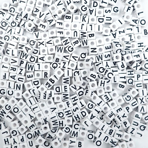 Plastic White Vertical Hole Alphabet Beads, 11mm Cube, Random Mix, 150 beads