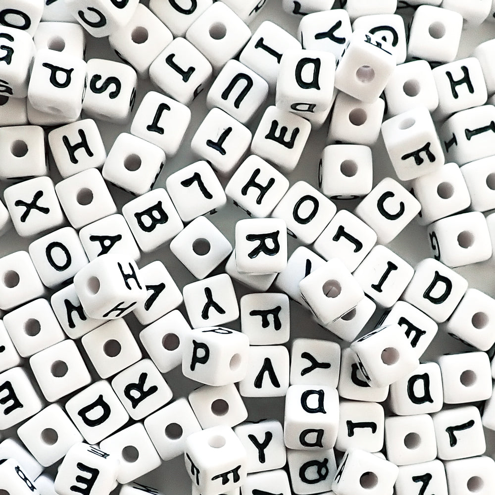 Plastic White 7mm Round Alphabet Beads, (Horizontal) Single Letters, 100  beads