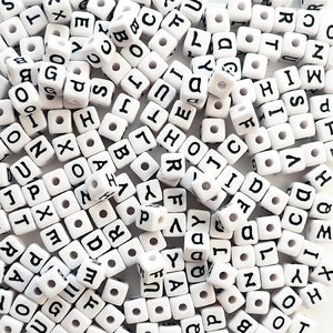 Plastic White 11mm Cube Alphabet Beads, Random Mix, (Horizontal Hole), 300 beads