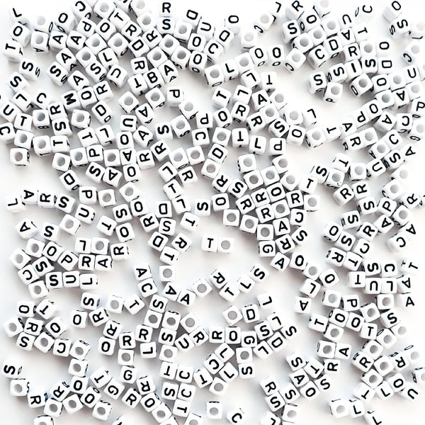 100 Piece Letter Beads CHOOSE YOUR LETTER White Beads With Black Lettering  6mm Glass Beads 