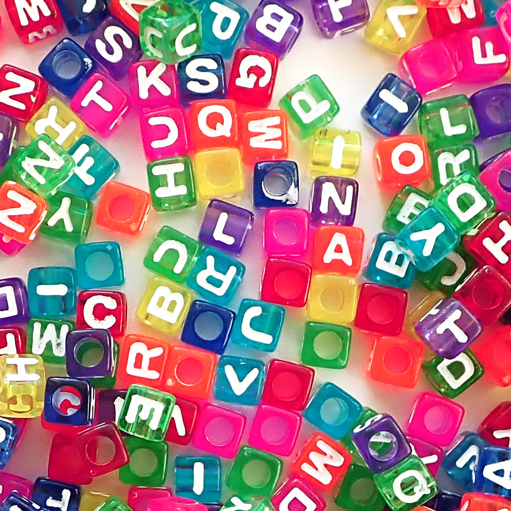 Plastic Transparent Colored Alphabet Beads, Mixed Colors &amp; Letters, (Horizontal) 7mm Cube, 500 beads