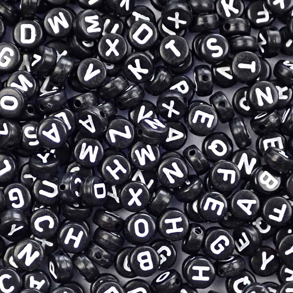 Plastic Black Mixed Alphabet Beads, 7mm Round, (Horizontal), 1000 beads