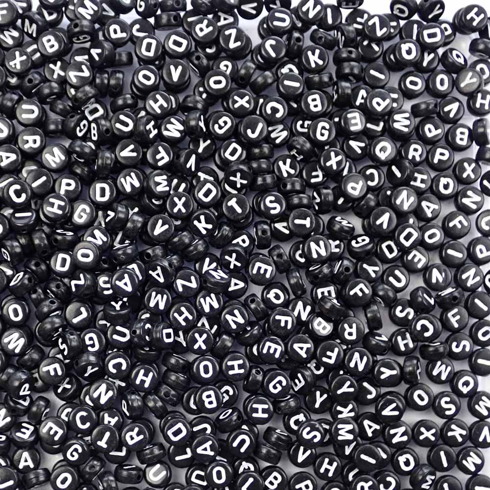 Plastic Black Mixed Alphabet Beads, 7mm Round, (Horizontal), 1000 beads