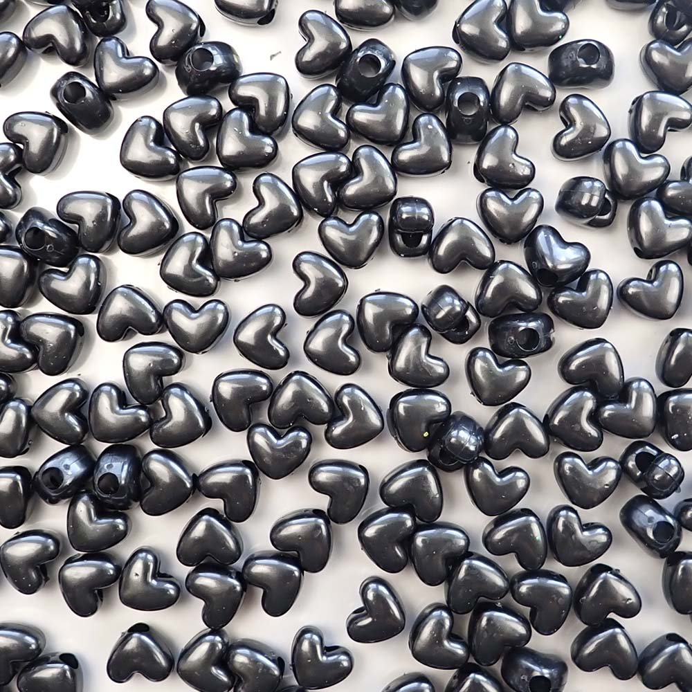 Heart Plastic Pony Beads, 13mm, Black Pearl, 125 beads
