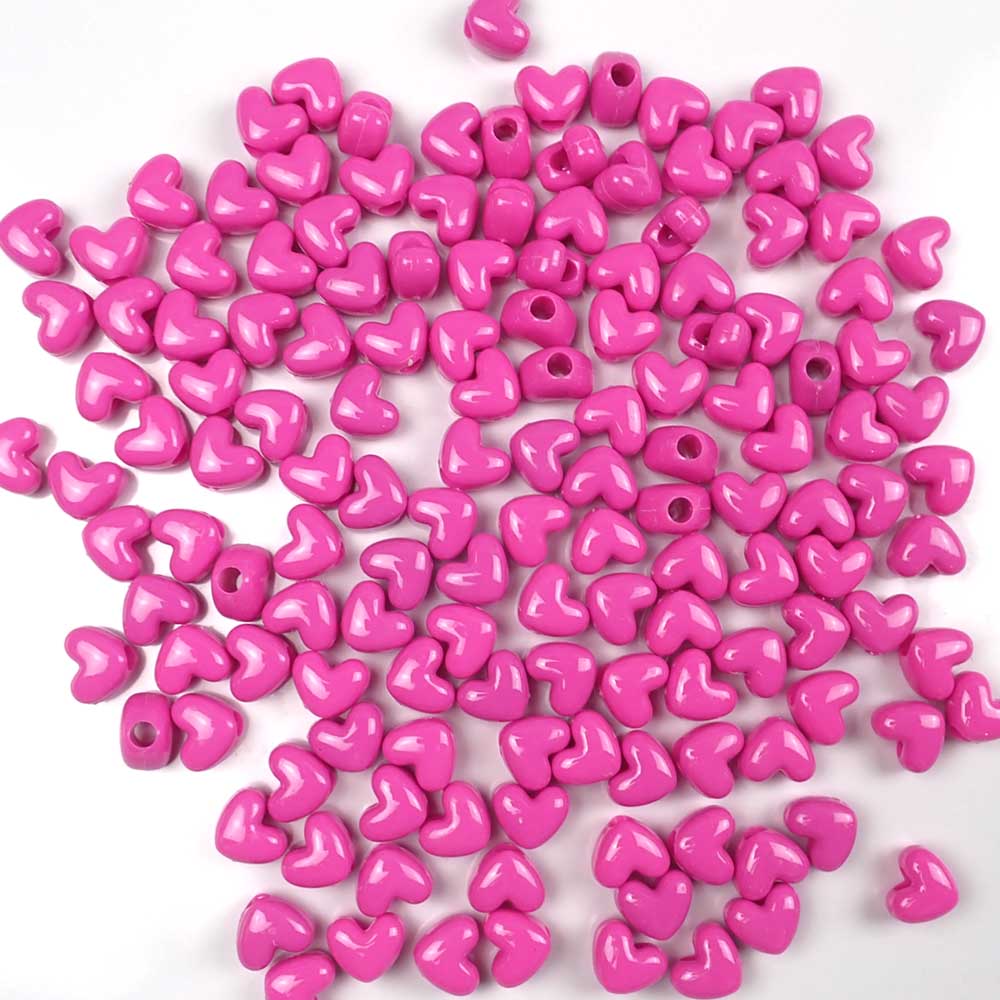 Heart Plastic Pony Beads, 13mm, Hot Pink Opaque, 125 beads