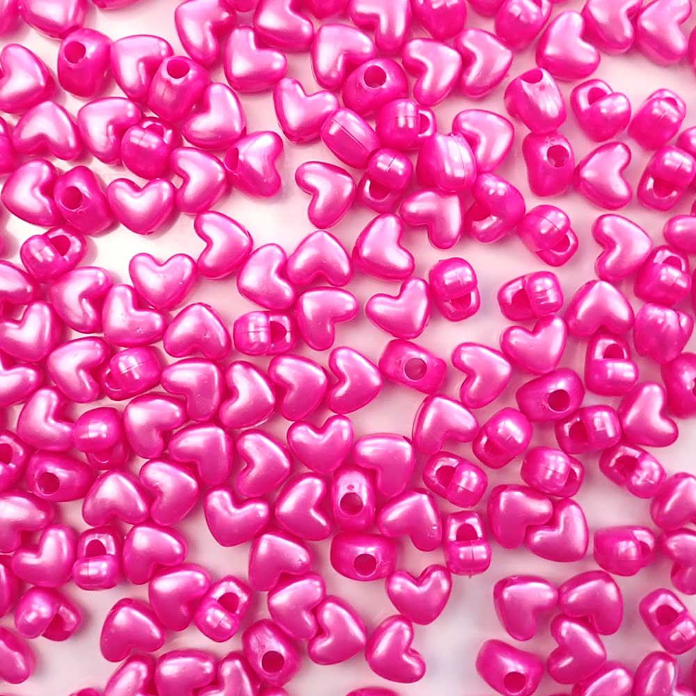 Heart Plastic Pony Beads, 13mm, Hot Pink Pearl, 125 beads