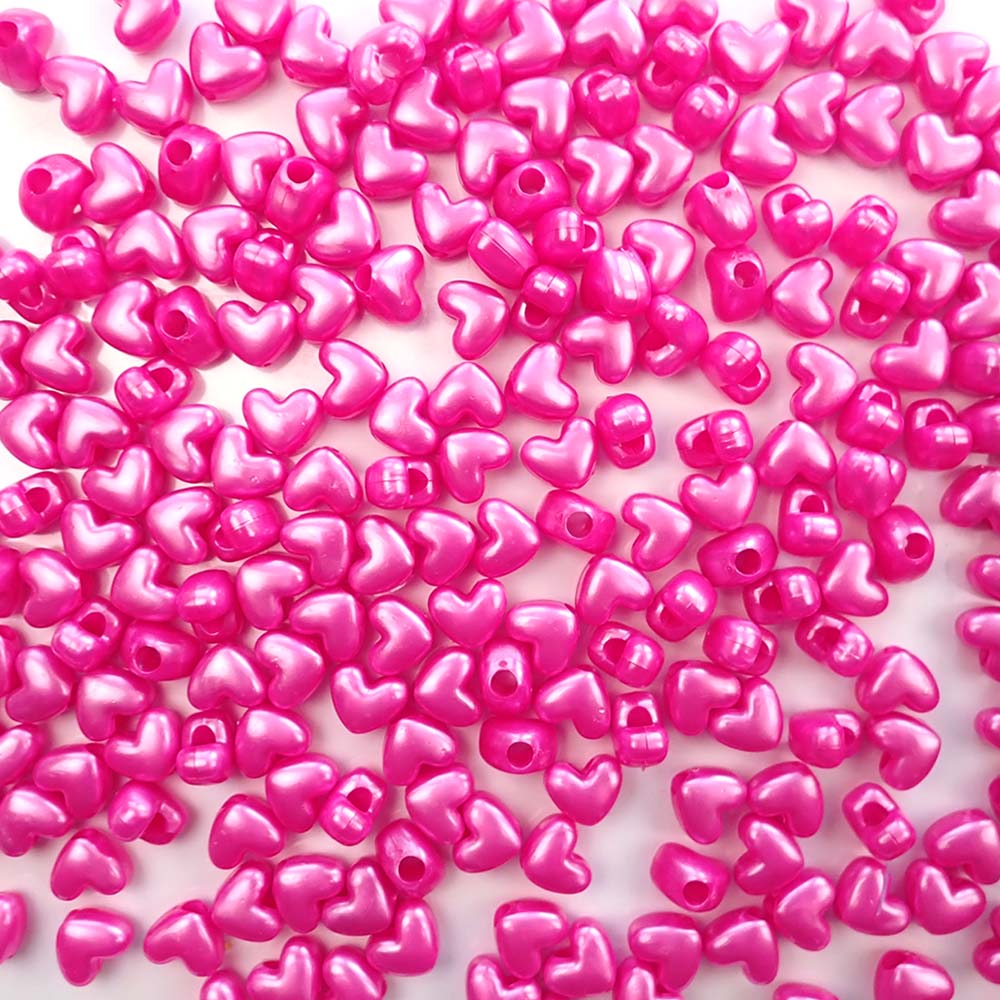 Heart Plastic Pony Beads, 13mm, Hot Pink Pearl, 125 beads