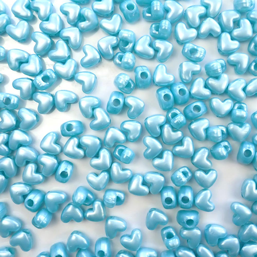 Heart Plastic Pony Beads, 13mm, Light Blue Pearl, 125 beads
