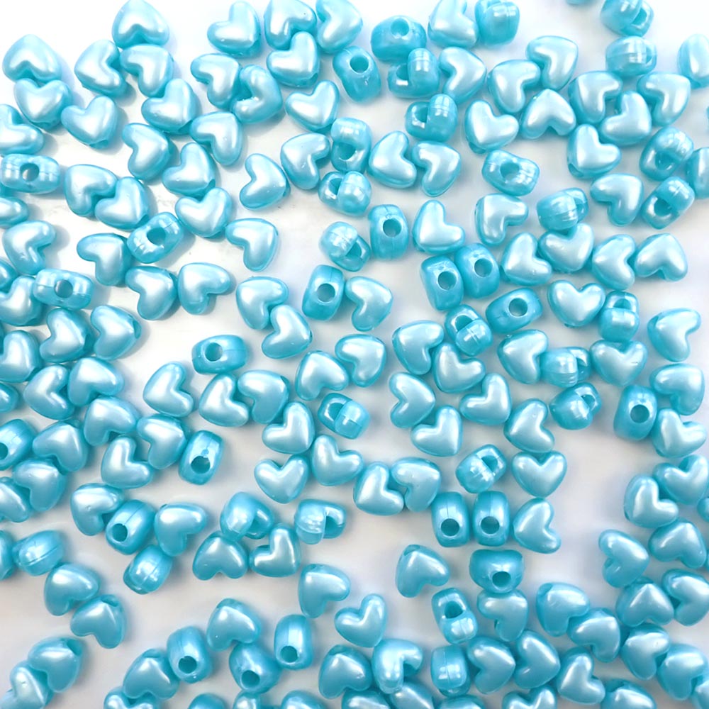 Heart Plastic Pony Beads, 13mm, Light Blue Pearl, 125 beads