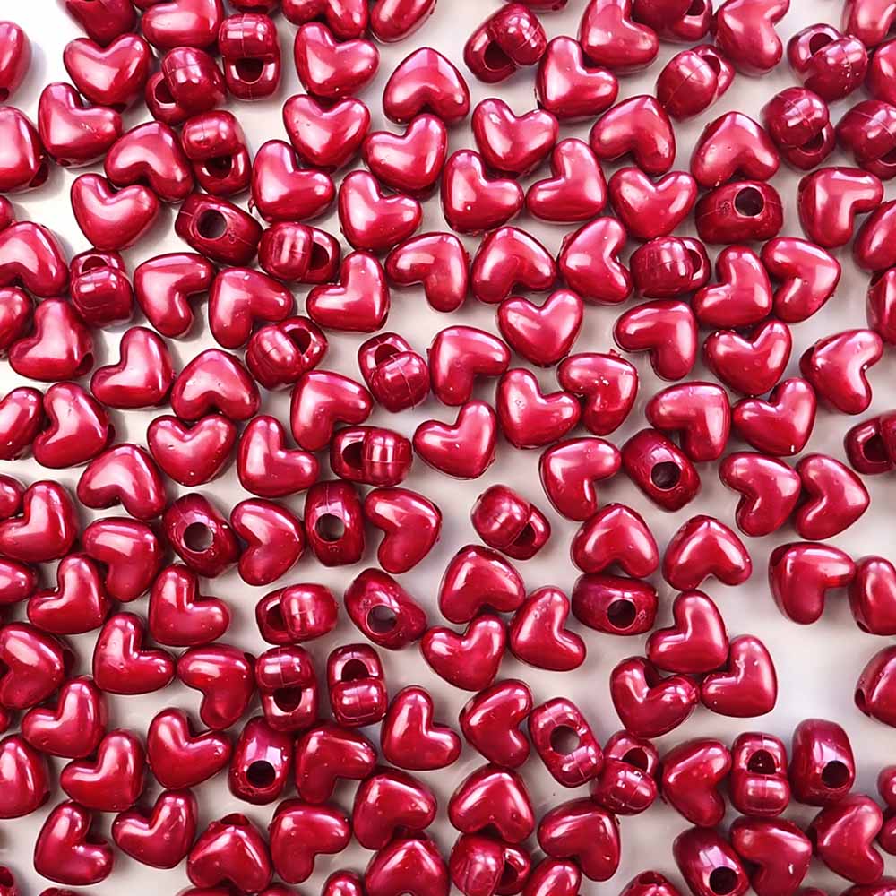 Heart Plastic Pony Beads, 13mm, Red Pearl, 125 beads