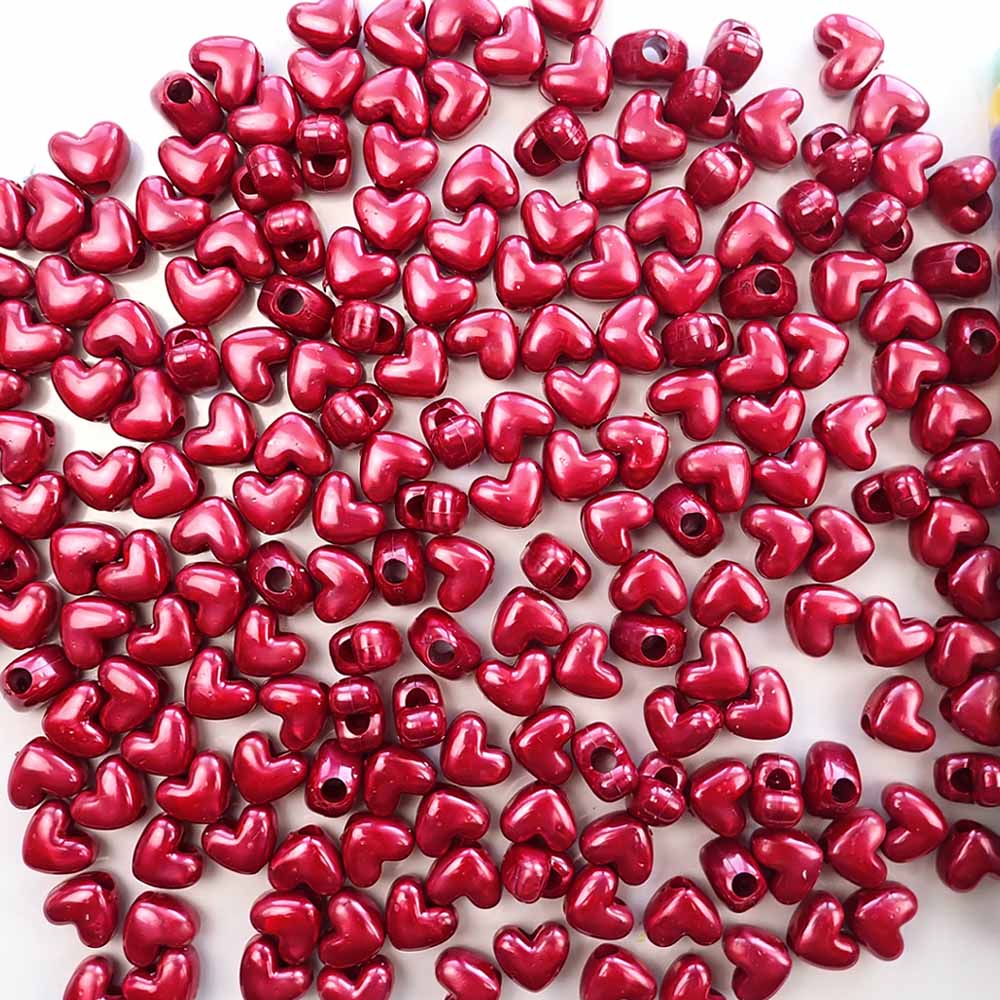Heart Plastic Pony Beads, 13mm, Red Pearl, 125 beads
