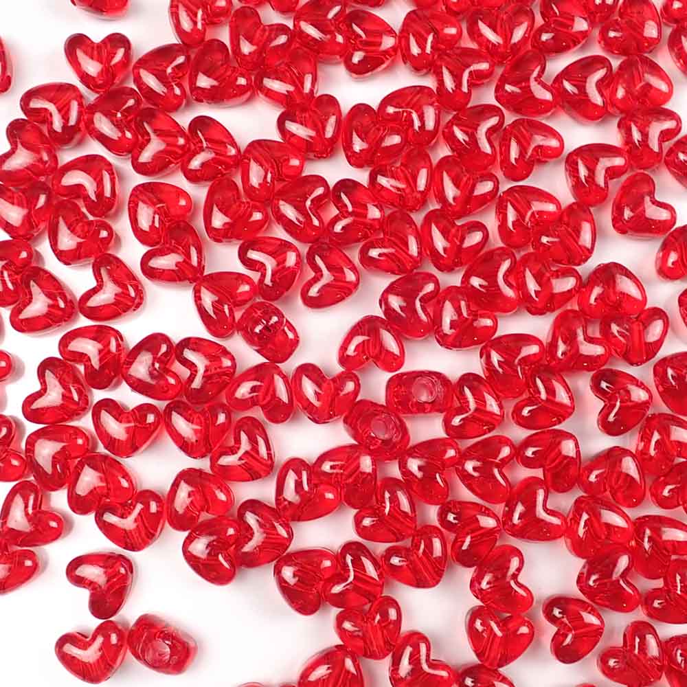 Heart Plastic Pony Beads, 13mm, Ruby Red Transparent, 125 beads