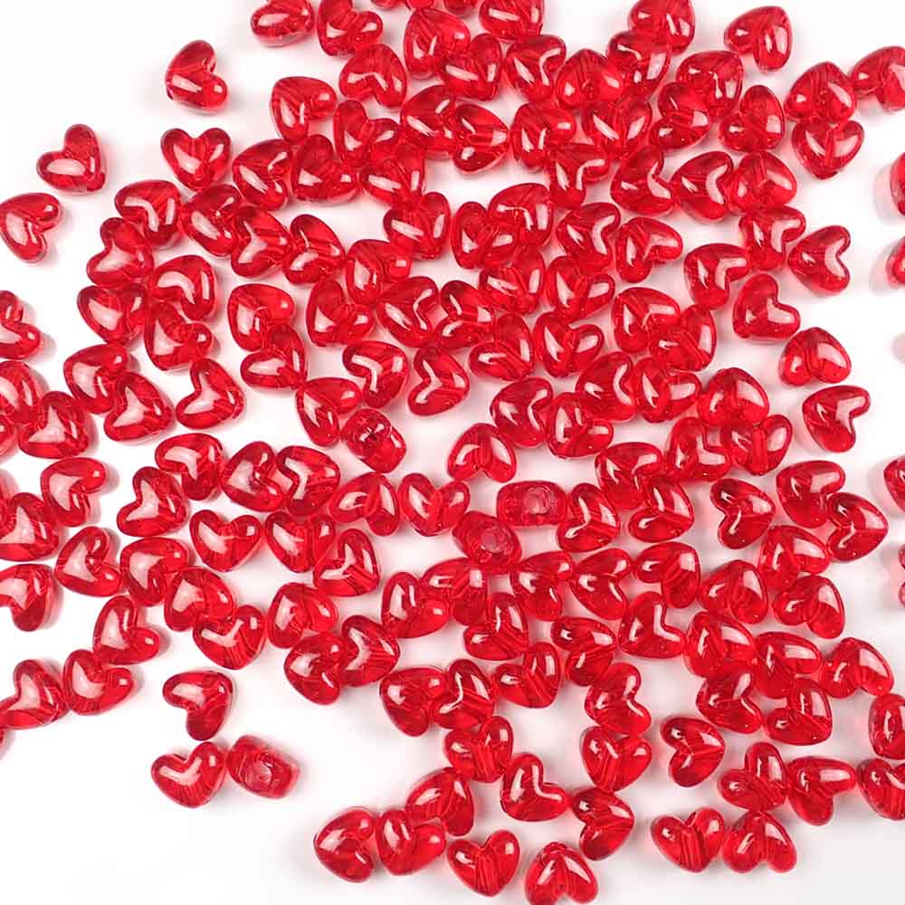 Heart Plastic Pony Beads, 13mm, Ruby Red Transparent, 125 beads