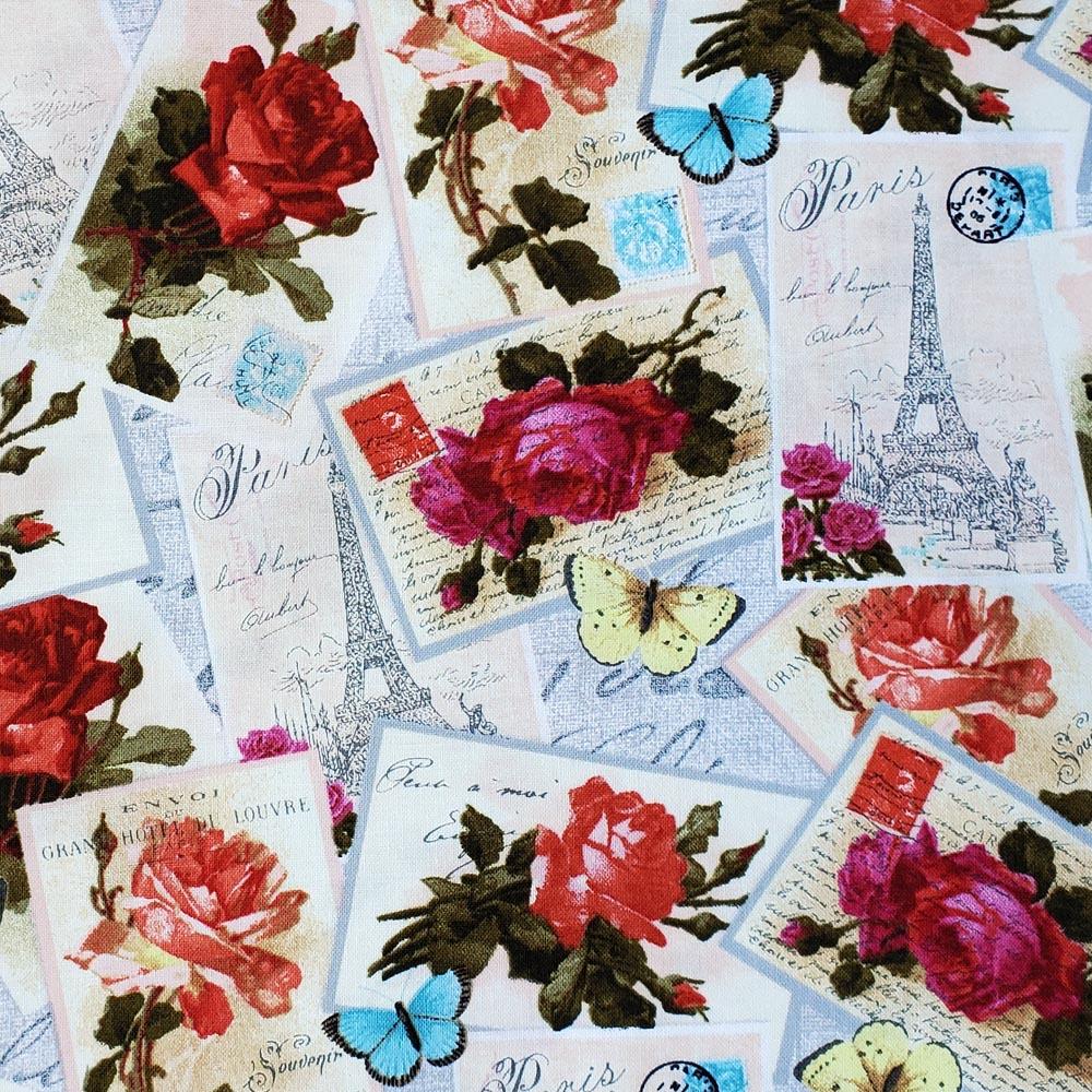 Paris Romance Roses Print, 100% Cotton Fabric, Remnant 1 yd 6"