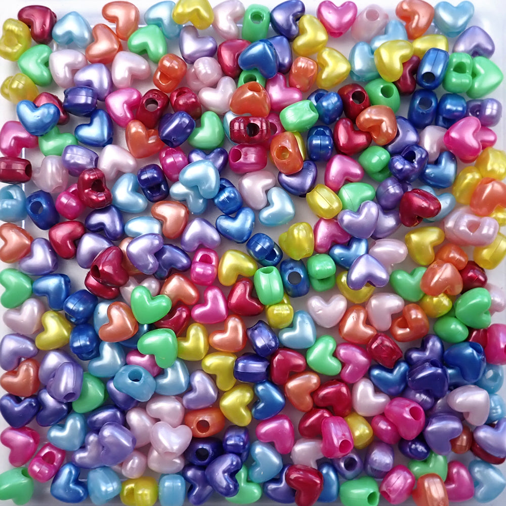Rainbow Pearl Mix Heart Plastic Pony Beads, 13mm, 125 beads