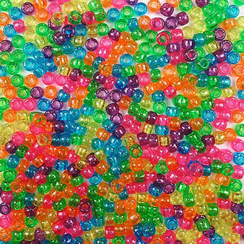 Bright Glitter Mix Craft Pony Beads 6 x 9mm Bulk Assortment, USA Made