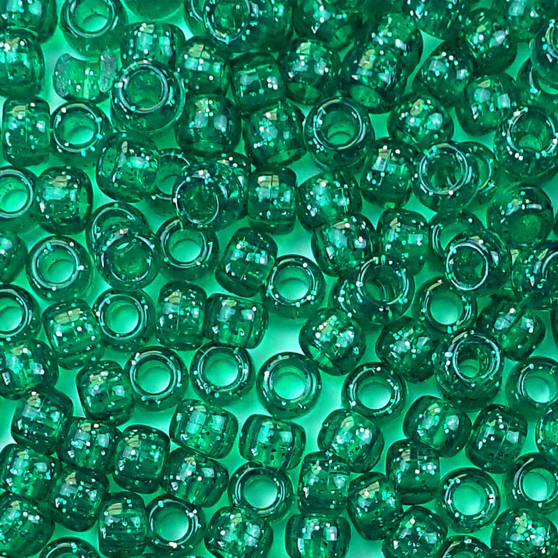 Emerald Green Glitter Plastic Craft Pony Beads 6x9mm Bulk Pony Bead Store
