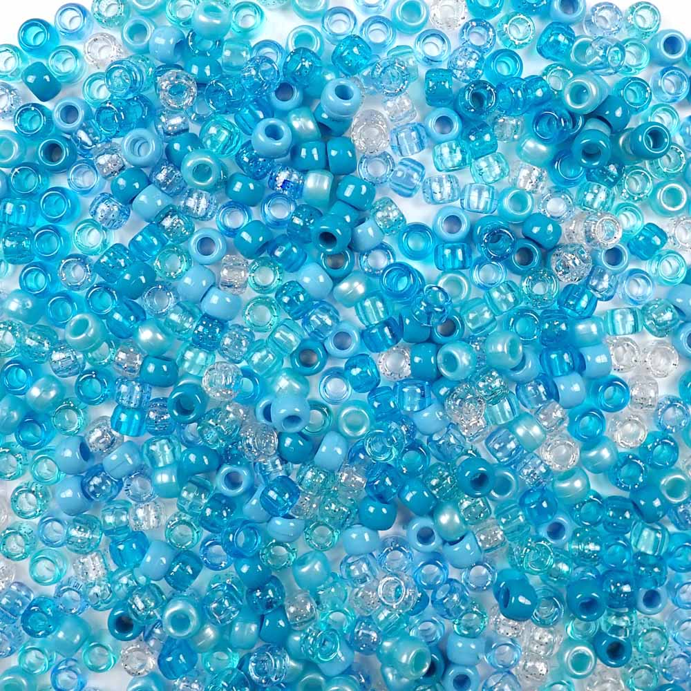 caribbean blue inspired colors of 6 x 9mm plastic pony beads