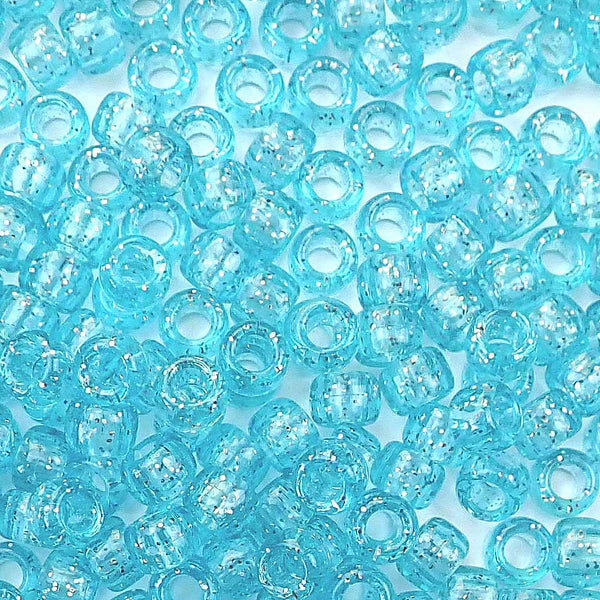 Light Turquoise Glitter Plastic Pony Beads 6 x 9mm, 150 beads