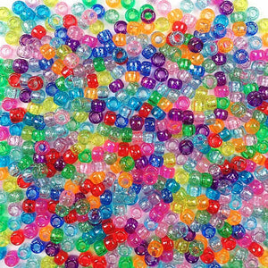 Rainbow glitter colors of 6 x 9mm Plastic Pony Beads