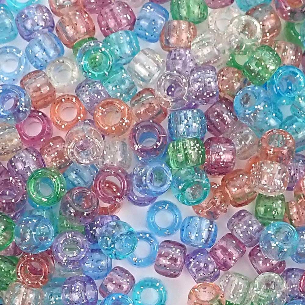 Fun Glitter Mix Craft Pony Beads 6 x 9mm Assorted Colors, Made in