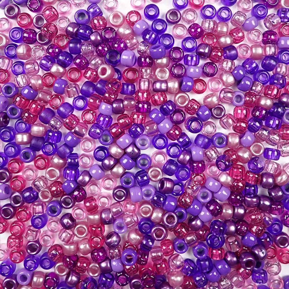 a mix of violet and purple colors of 6 x 9mm plastic pony beads