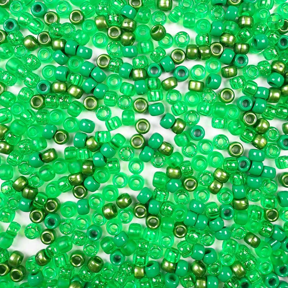 a mix of green colors of 6 x 9mm plastic pony beads