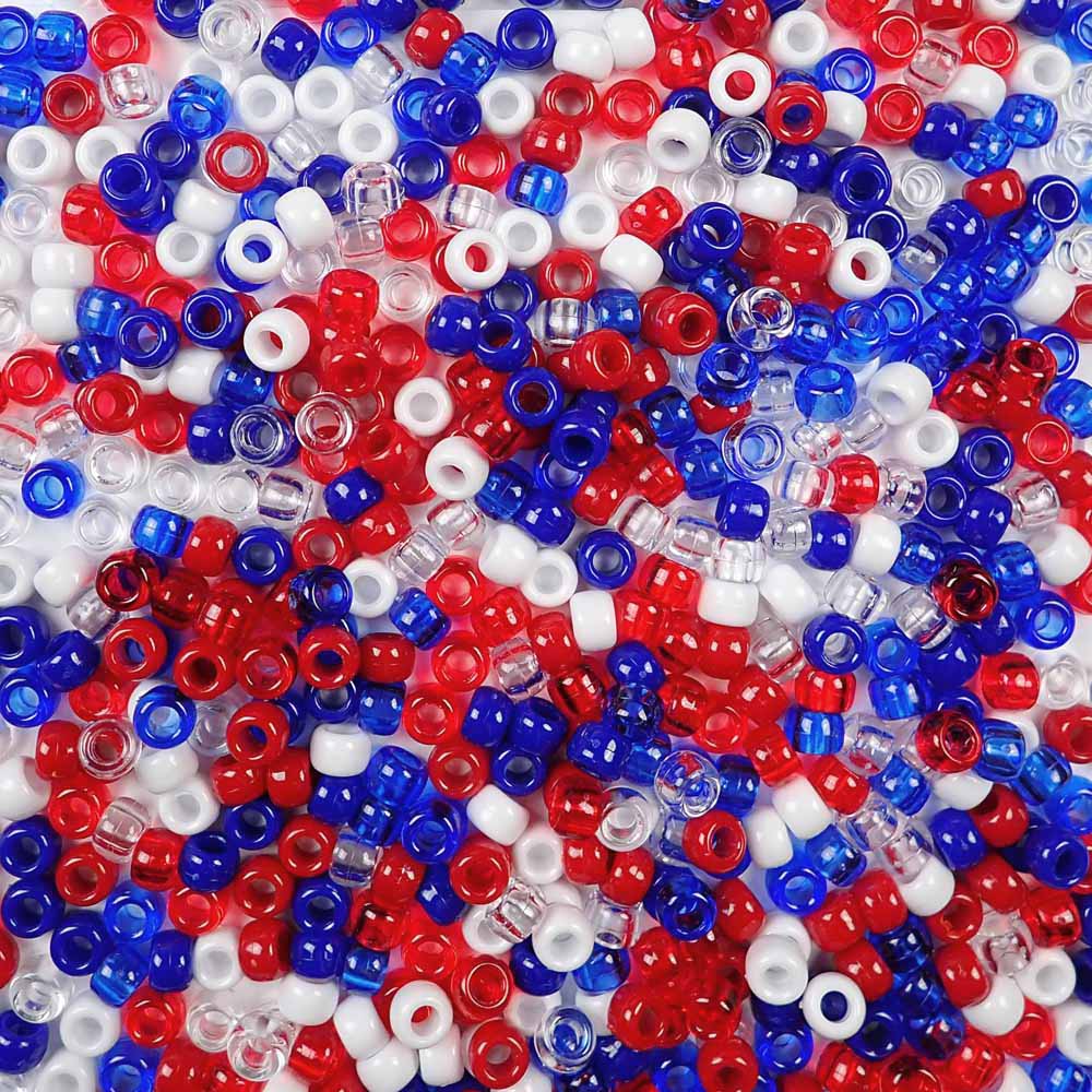 Patriotic Mix Plastic Pony Beads 6 x 9mm, 500 beads