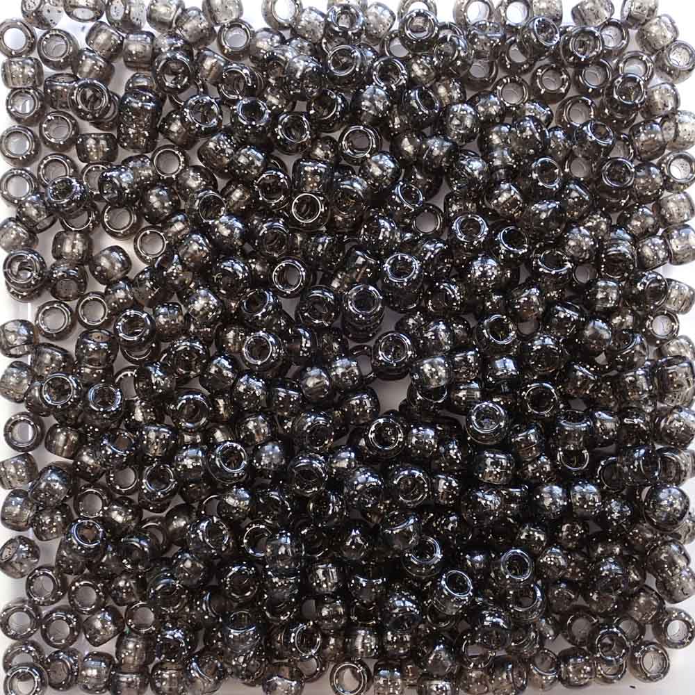 Jet Silver Glitter Plastic Pony Beads. Size 6 x 9 mm. Craft Beads.