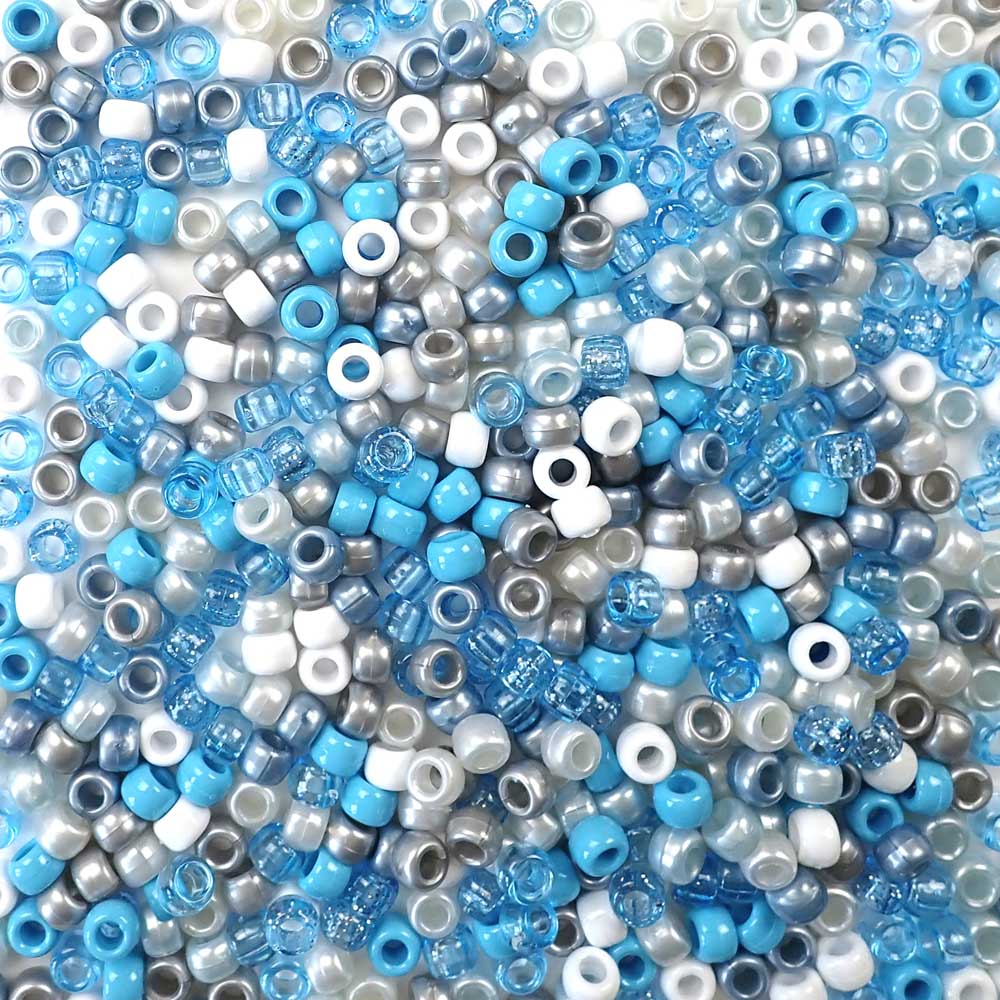 6 x 9mm plastic pony beads in baby shower blue, white and gray colors