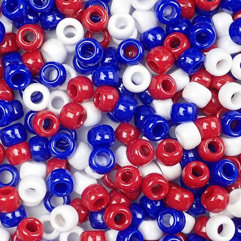 Patriotic Mix Plastic Pony Beads 6 x 9mm, 500 beads