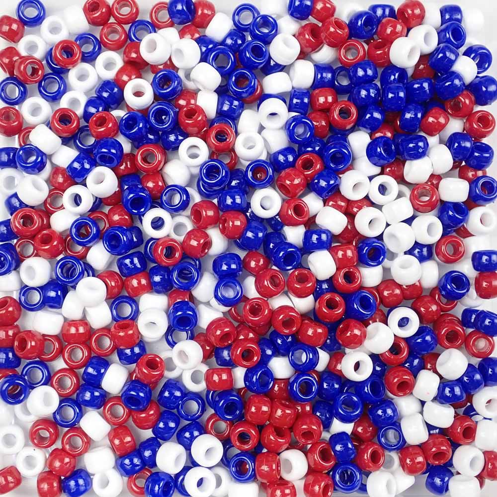 Patriotic Mix Plastic Craft Pony Beads 6 x 9mm Bulk, USA Made