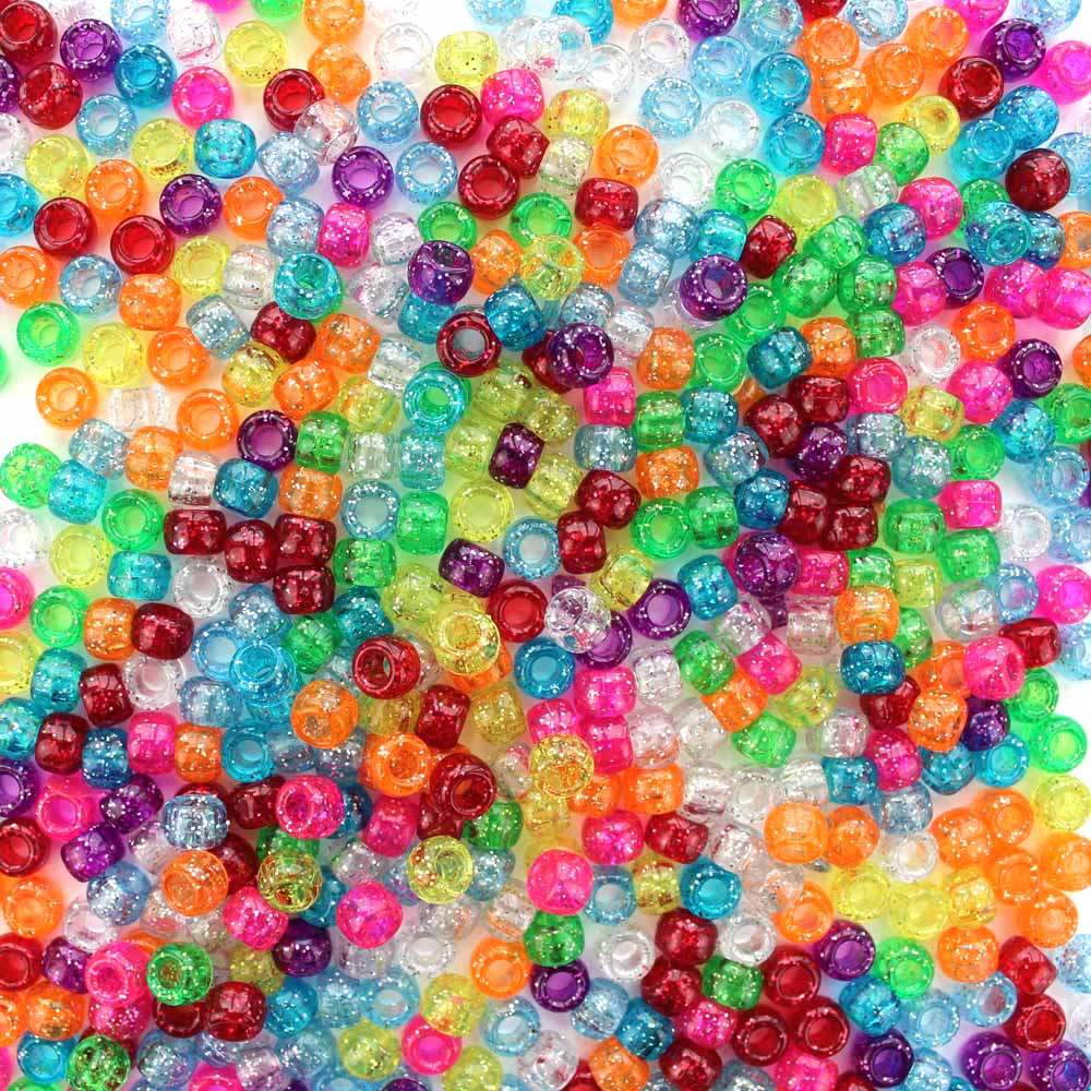 Rainbow Glitter Multicolor Mix Plastic Pony Beads 6 x 9mm, 150 beads