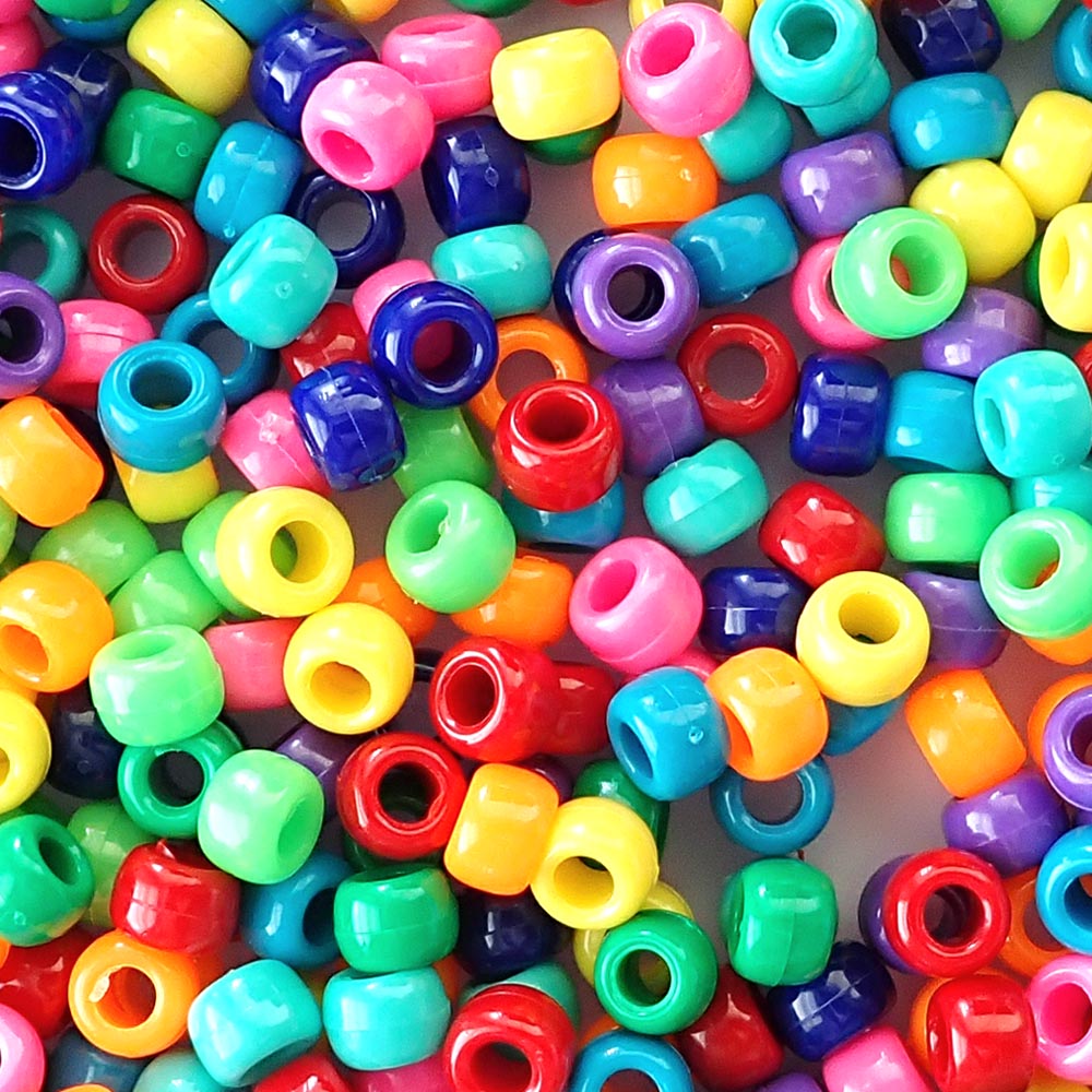 Rainbow Opaque Plastic Pony Beads 6 x 9mm, 250 beads