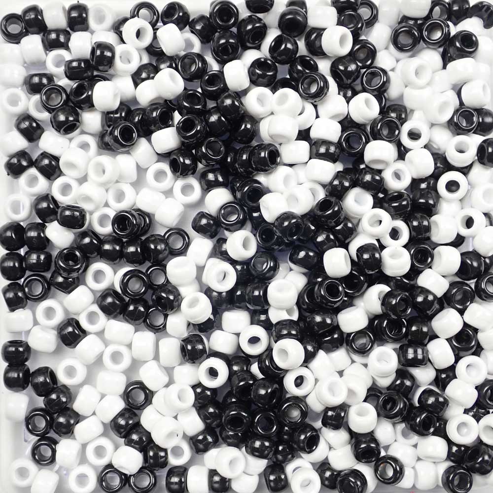 Black & White Mix Plastic Pony Beads 6 x 9mm, 500 beads