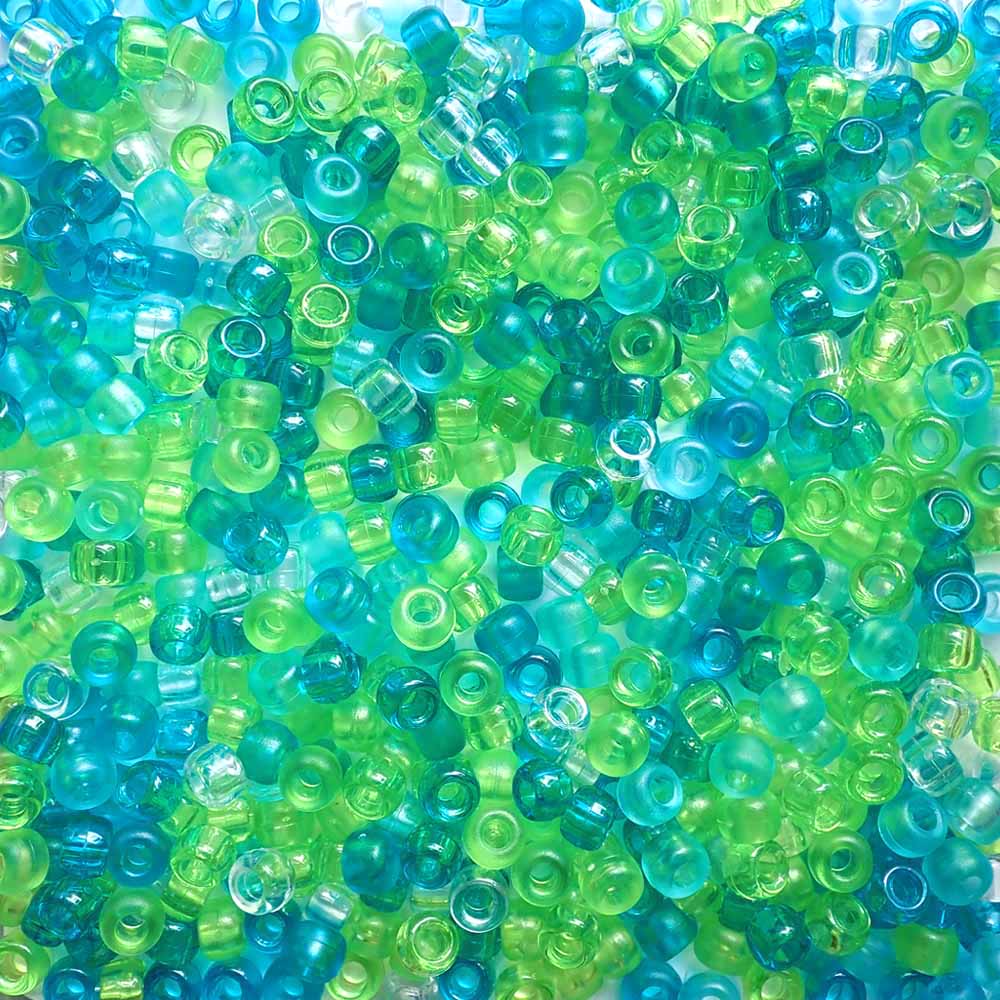Sea Glass Green &amp; Turquoise Mix Plastic Pony Beads 6 x 9mm, 1500 beads