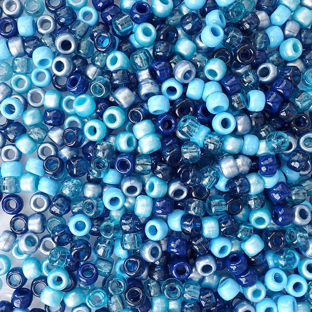 Pacific Blue Mix Craft Pony Beads 6 x 9mm, Bulk Assorted, USA Made