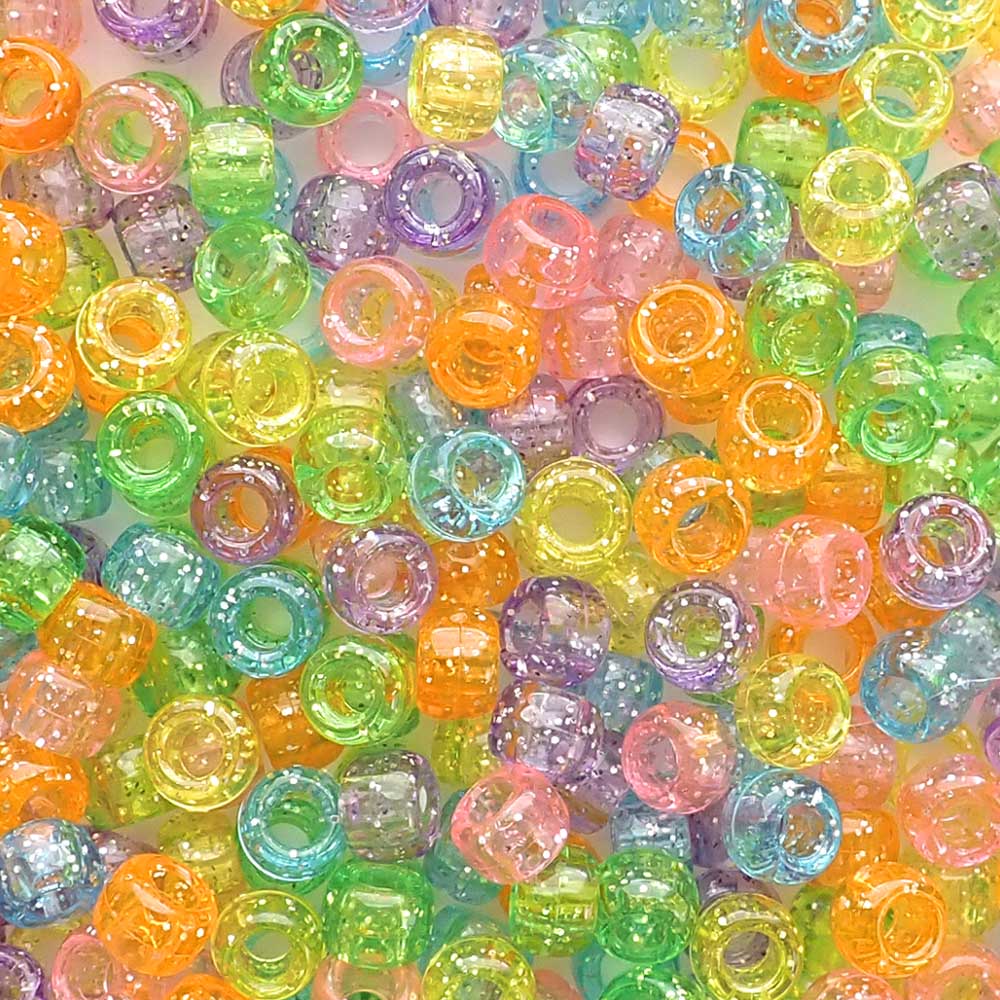 Rainbow Glitter Multicolor Mix Plastic Pony Beads 6 x 9mm, 150 beads