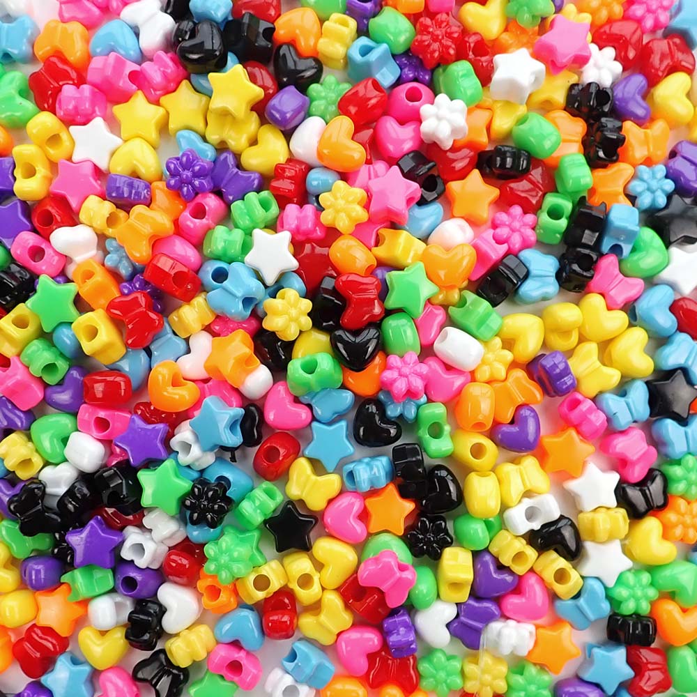 Plastic Pony Bead Shapes Mix, Opaque Colors, 125 beads