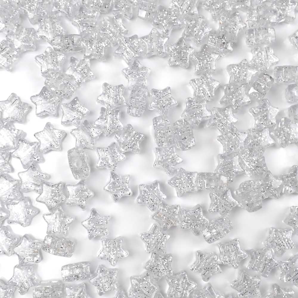 Star Plastic Pony Beads, 13mm, Silver Glitter, 125 beads